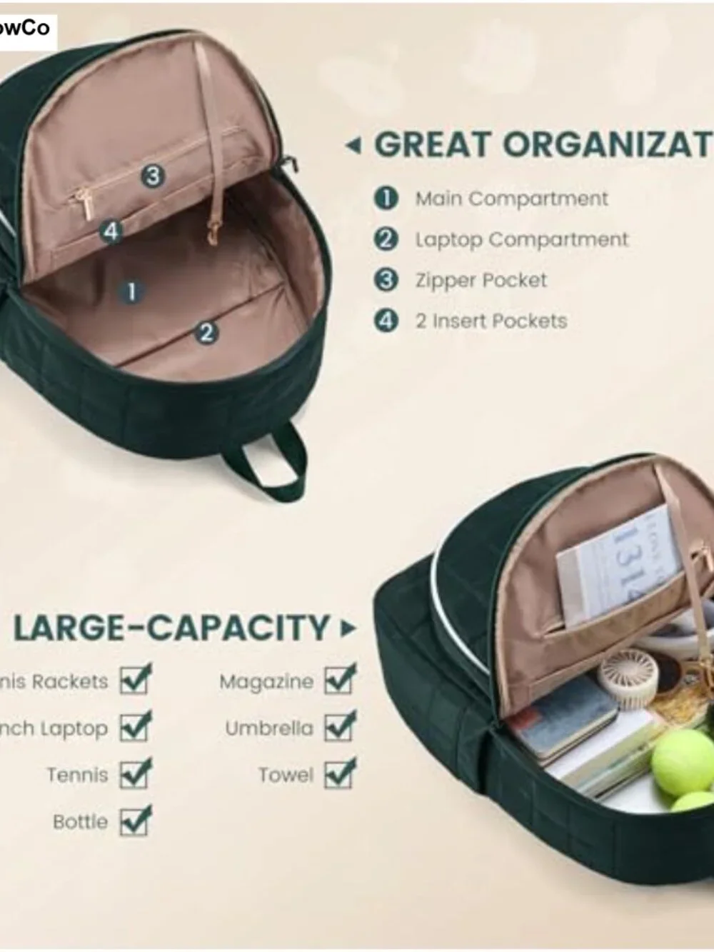 Quilted Tennis Backpack for Women, Pickleball Racket Bag with Separate